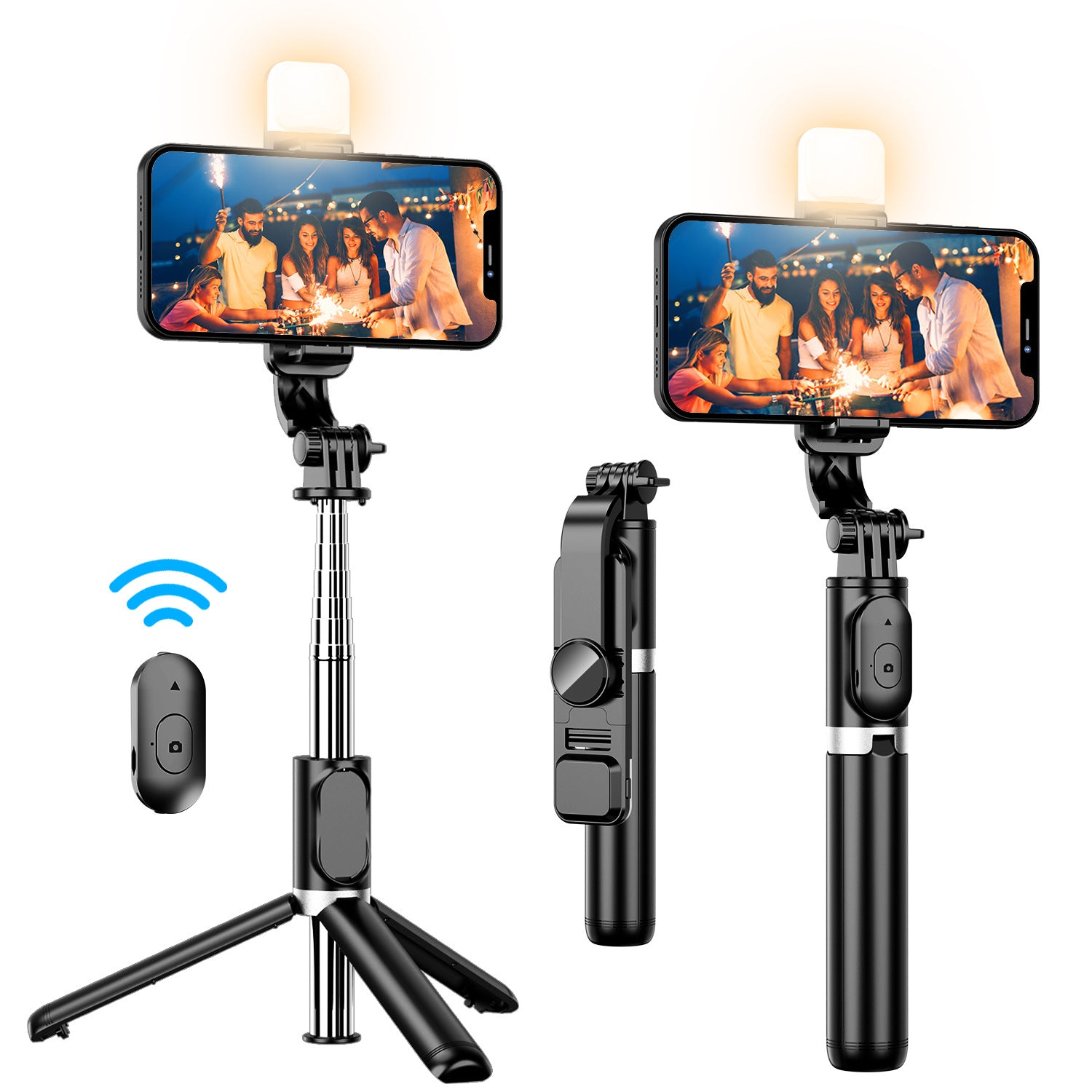 Adjustable selfie tripod with lights
